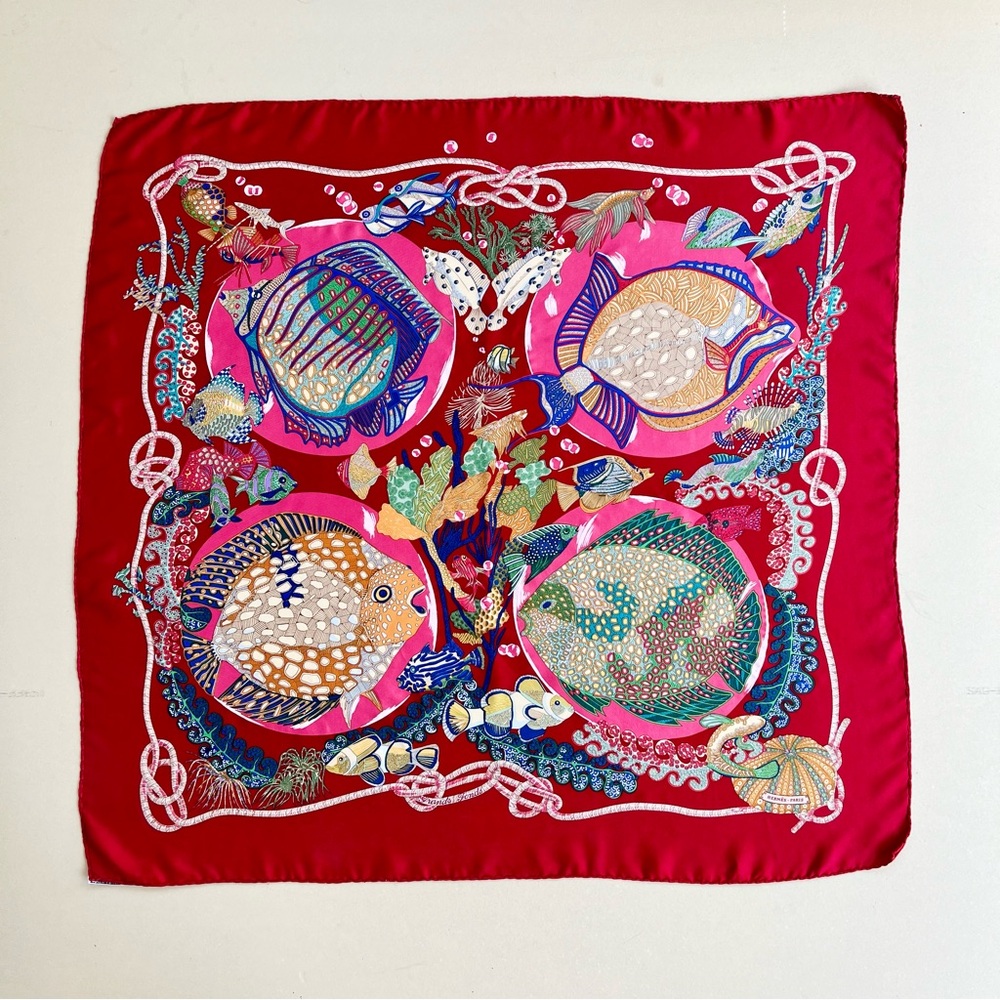 Hermes Vintage 1992 Nautical 'Grands Fonds' Silk Carré Scarf Crimson